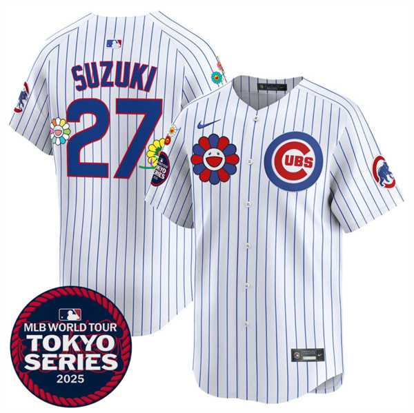 Mens Chicago Cubs #27 Seiya Suzuki White 2025 Tokyo Series Limited Stitched Jersey Dzhi